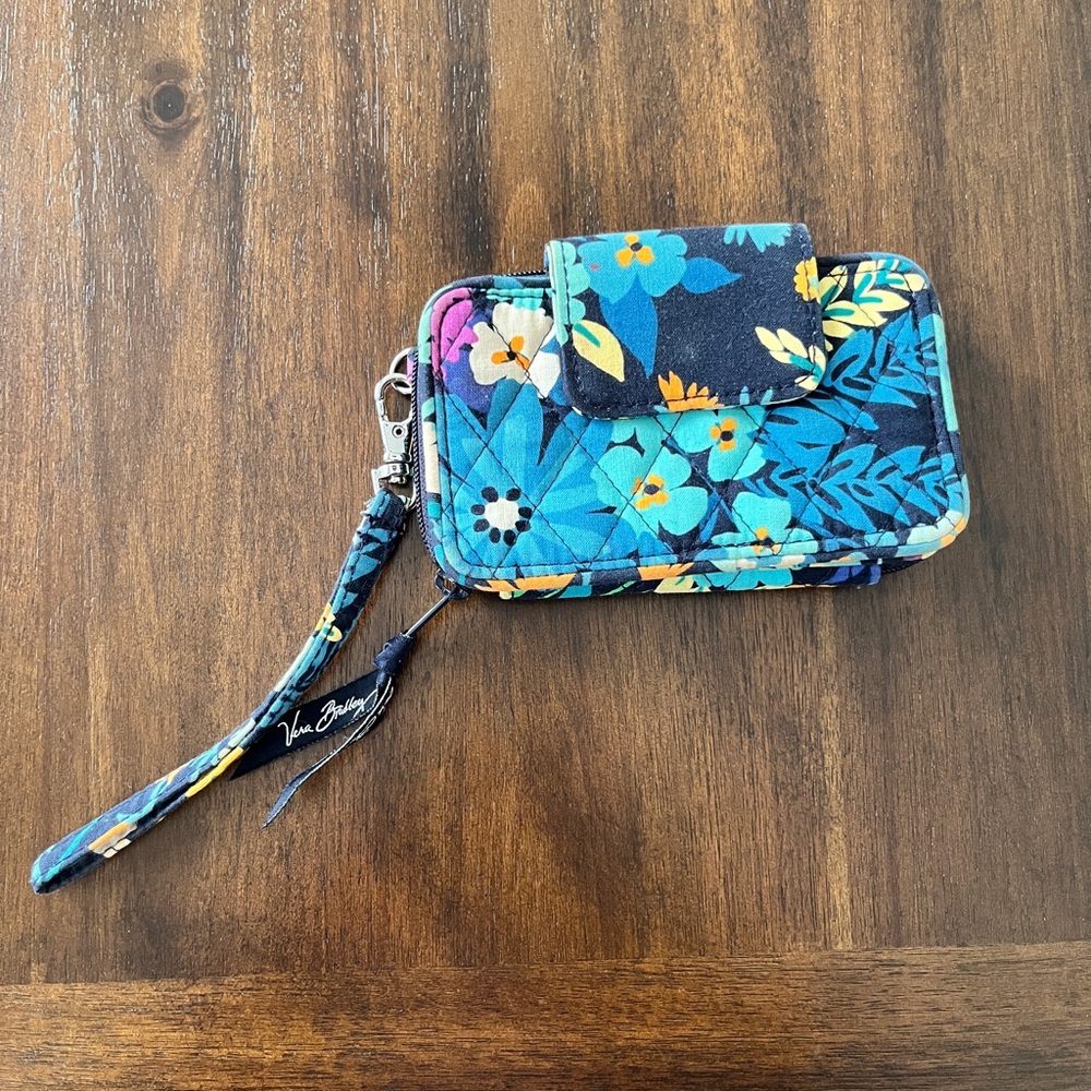 Vera Bradley Floral Quilted Wristlet in Teal and Navy